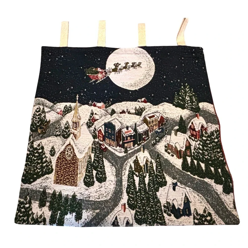 Vintage Christmas Tapestry Wall Hanging Scene Santa‎ Sleigh Snow Village